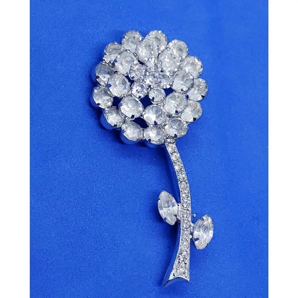 Vintage Signed Weiss Brooch Clear Rhinestone Flower Rose Long Stem Leaves